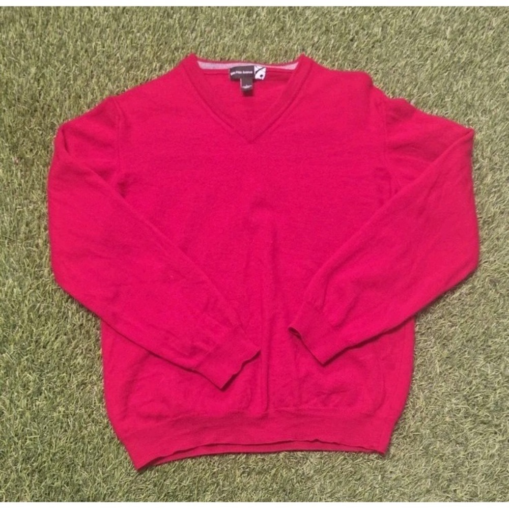 Saks Fifth Avenue Mens Red V-Neck Sweater 100% Merino Wool Made in Italy Size L